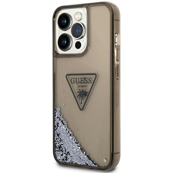 GUESS Handy Hülle Case für iPhone 14 Pro Max Liquid Glitzer 4G Transparent Palm Logo Schwarz
