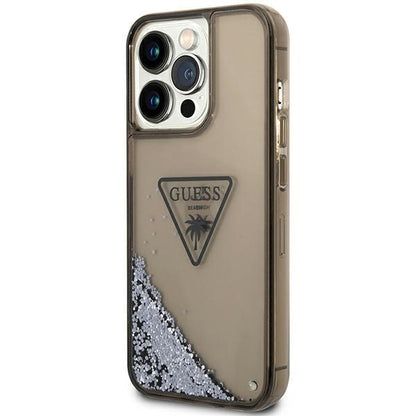 GUESS Handy Hülle Case für iPhone 14 Pro Max Liquid Glitzer 4G Transparent Palm Logo Schwarz