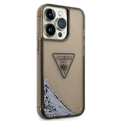 GUESS Handy Hülle Case für iPhone 14 Pro Max Liquid Glitzer 4G Transparent Palm Logo Schwarz