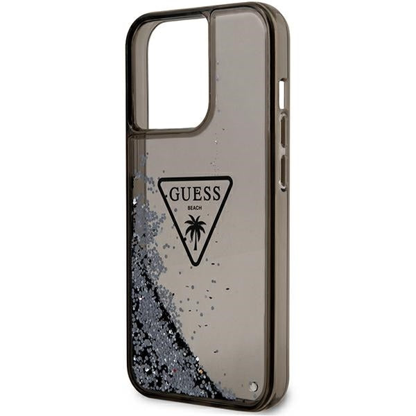 GUESS Handy Hülle Case für iPhone 14 Pro Max Liquid Glitzer 4G Transparent Palm Logo Schwarz