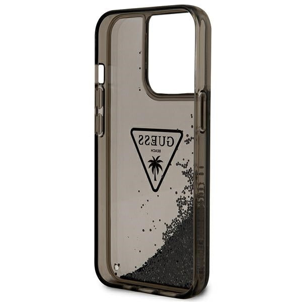 GUESS Handy Hülle Case für iPhone 14 Pro Max Liquid Glitzer 4G Transparent Palm Logo Schwarz