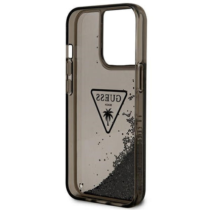 GUESS Handy Hülle Case für iPhone 14 Pro Max Liquid Glitzer 4G Transparent Palm Logo Schwarz