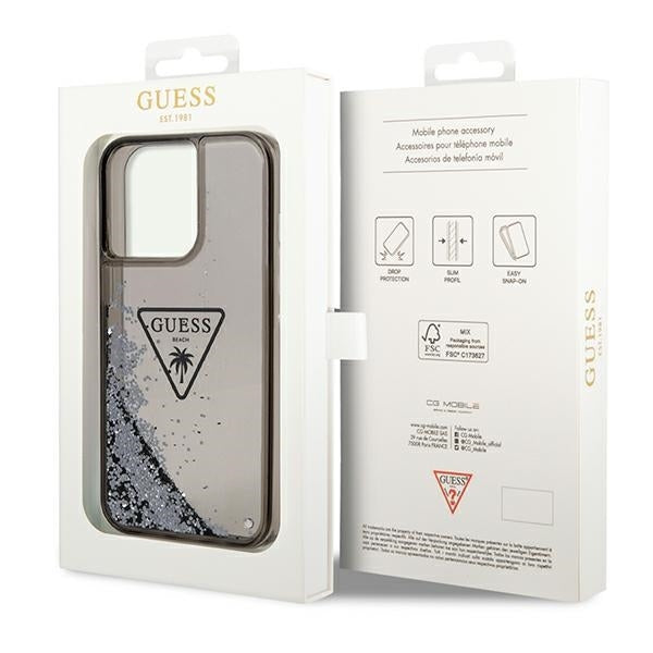 GUESS Handy Hülle Case für iPhone 14 Pro Max Liquid Glitzer 4G Transparent Palm Logo Schwarz