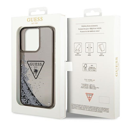GUESS Handy Hülle Case für iPhone 14 Pro Max Liquid Glitzer 4G Transparent Palm Logo Schwarz
