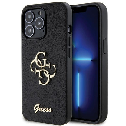 GUESS Handy Hülle Case 4G Big Metall Logo für iPhone 13 / 13 Pro Glitzer Schwarz