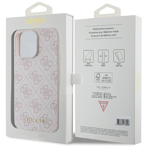 GUESS Handy Hülle Case für iPhone 15 Pro 4G Metall Gold Logo Pink
