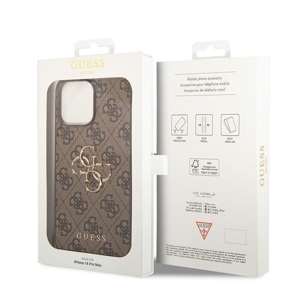 GUESS Handy Hülle Case 4G Big Metall Logo für iPhone 15 Pro Braun