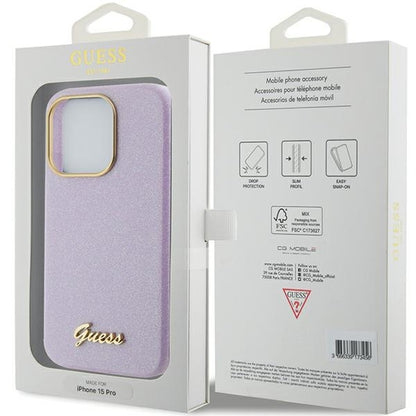 GUESS Handy Hülle Case für iPhone 15 Pro Max Glitzer Glossy Lilac Pink