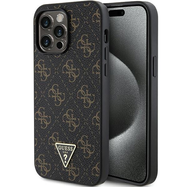 GUESS Handy Hülle Case für iPhone 15 Pro 4G Dreieck Metall Logo Braun