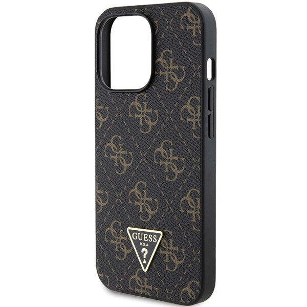 GUESS Handy Hülle Case für iPhone 15 Pro 4G Dreieck Metall Logo Braun