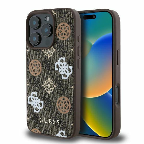 GUESS Handy Hülle Peony On 4G Background Magsafe Case für iPhone 16 Pro Braun