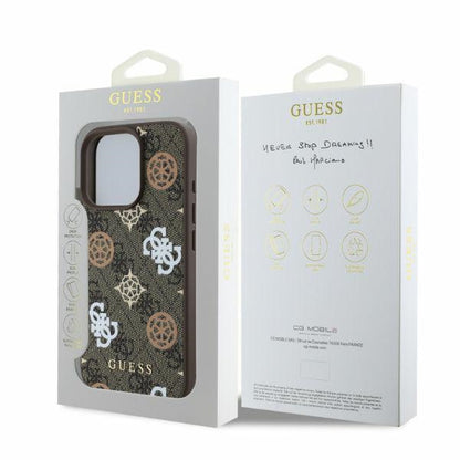 GUESS Handy Hülle Peony On 4G Background Magsafe Case für iPhone 16 Pro Braun