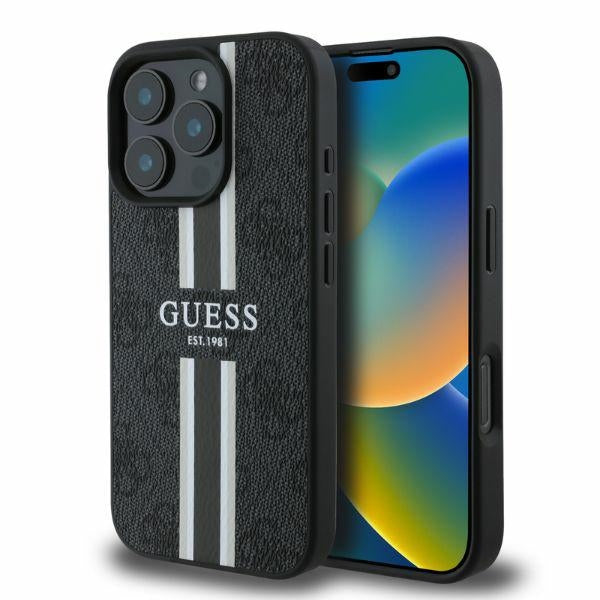 GUESS Handy Hülle 4G Logo Printed Stripes Magsafe Case für iPhone 16 Pro Max Schwarz