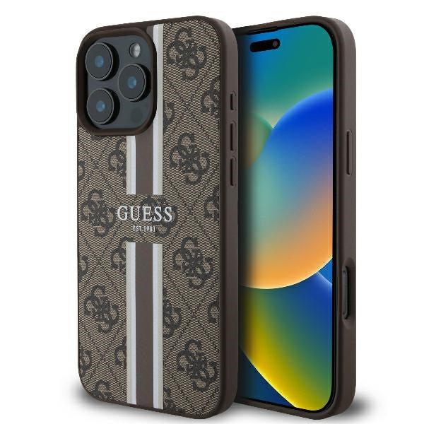 GUESS Handy Hülle 4G Logo Printed Stripes Magsafe Case für iPhone 16 Pro Braun