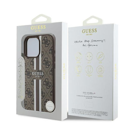 GUESS Handy Hülle 4G Logo Printed Stripes Magsafe Case für iPhone 16 Pro Braun