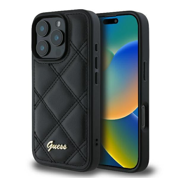 GUESS Handy Hülle Quilted Case für iPhone 16 Pro gestepptes Leder Look mit Metall Logo Schwarz