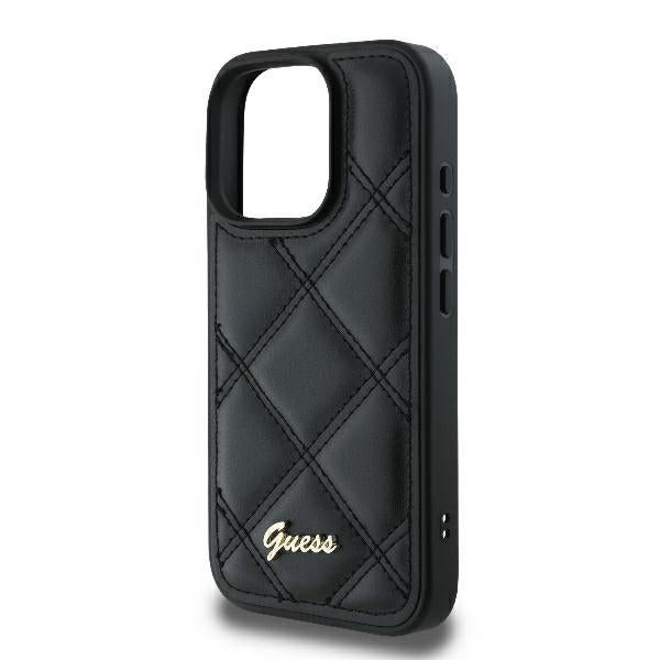 GUESS Handy Hülle Quilted Case für iPhone 16 Pro gestepptes Leder Look mit Metall Logo Schwarz