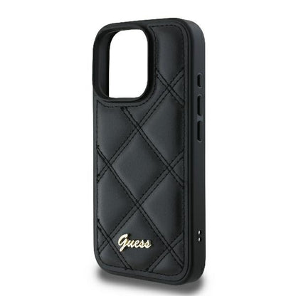 GUESS Handy Hülle Quilted Case für iPhone 16 Pro gestepptes Leder Look mit Metall Logo Schwarz
