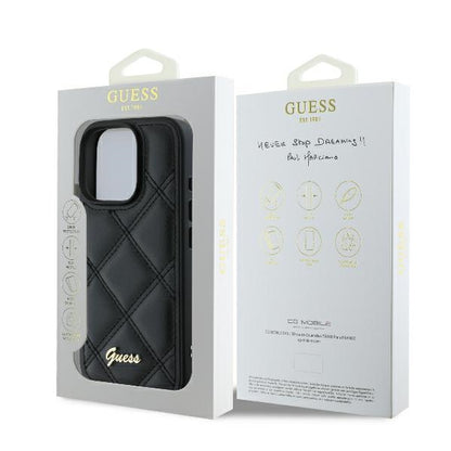 GUESS Handy Hülle Quilted Case für iPhone 16 Pro gestepptes Leder Look mit Metall Logo Schwarz