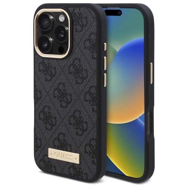 GUESS Handy Hülle 4G Logo Plate Magsafe Hard Case für iPhone 16 Pro Schwarz