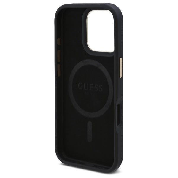 GUESS Handy Hülle 4G Logo Plate Magsafe Hard Case für iPhone 16 Pro Schwarz