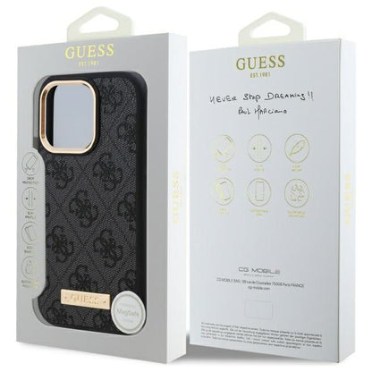 GUESS Handy Hülle 4G Logo Plate Magsafe Hard Case für iPhone 16 Pro Schwarz