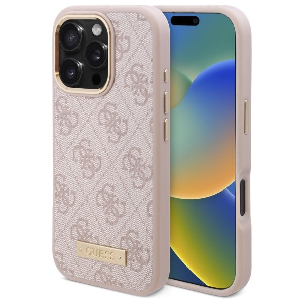 GUESS Handy Hülle 4G Logo Plate Magsafe Hard Case für iPhone 16 Pro Max Pink
