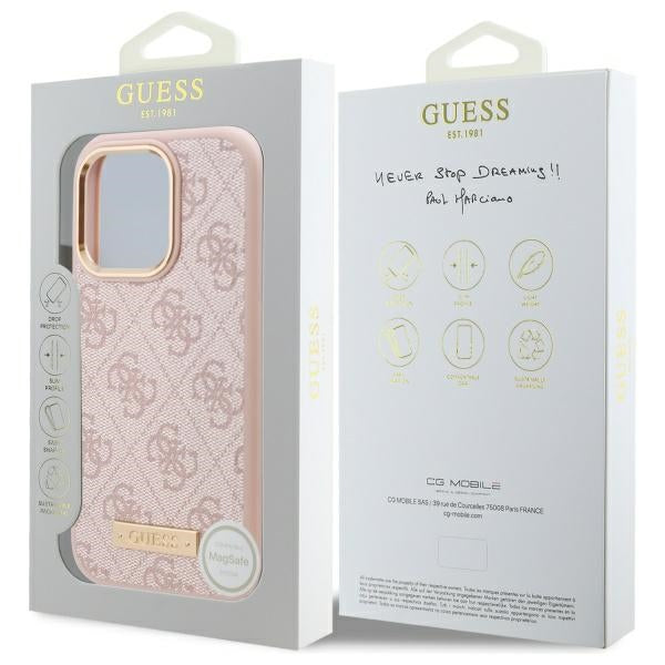 GUESS Handy Hülle 4G Logo Plate Magsafe Hard Case für iPhone 16 Pro Max Pink