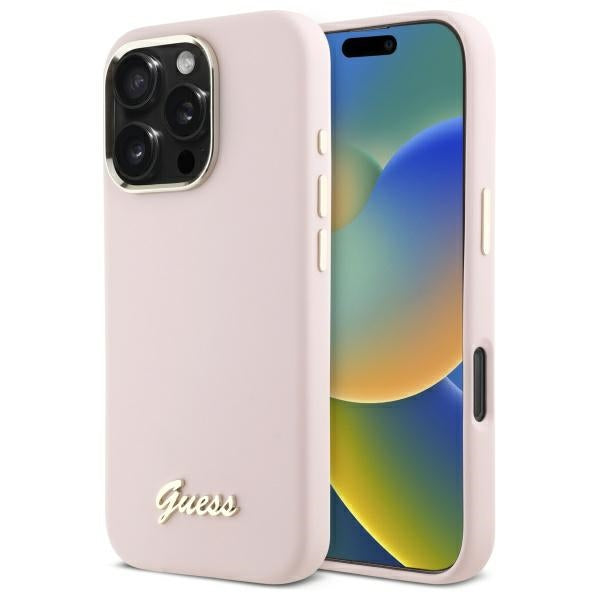 GUESS Handy Hülle Case Silicone Script Metal Logo & Frame für iPhone 16 Pro Max Pink