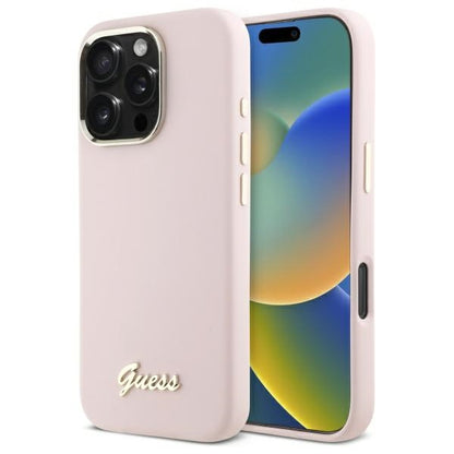 GUESS Handy Hülle Case Silicone Script Metal Logo & Frame für iPhone 16 Pro Max Pink