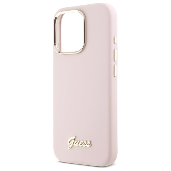 GUESS Handy Hülle Case Silicone Script Metal Logo & Frame für iPhone 16 Pro Max Pink