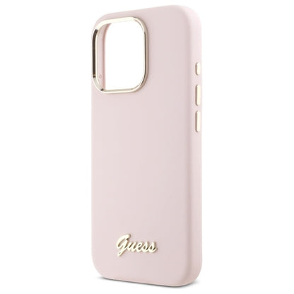 GUESS Handy Hülle Case Silicone Script Metal Logo & Frame für iPhone 16 Pro Max Pink