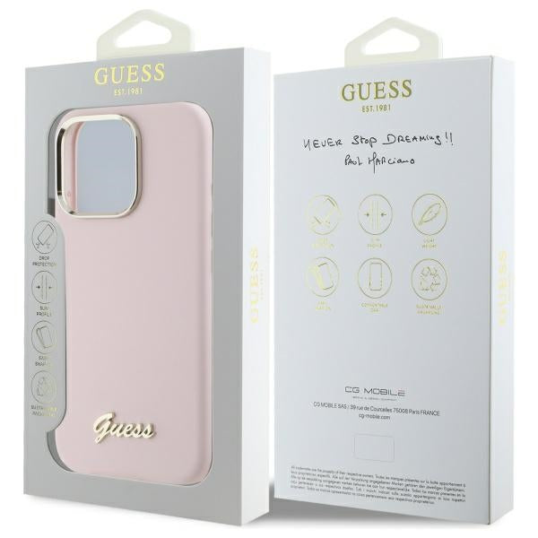 GUESS Handy Hülle Case Silicone Script Metal Logo & Frame für iPhone 16 Pro Max Pink