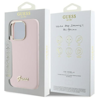 GUESS Handy Hülle Case Silicone Script Metal Logo & Frame für iPhone 16 Pro Max Pink