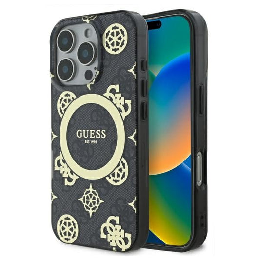 GUESS Handy Hülle IML Peony On 4G Background Magsafe Case für iPhone 16 Pro Max Schwarz