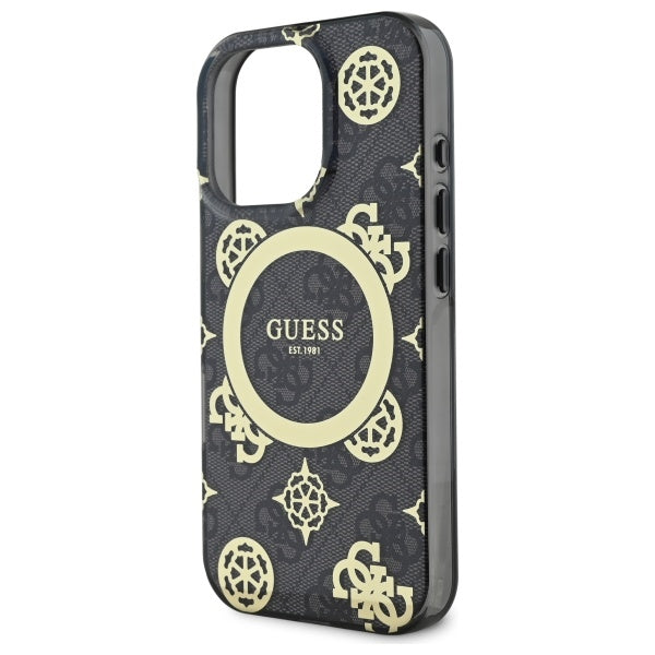 GUESS Handy Hülle IML Peony On 4G Background Magsafe Case für iPhone 16 Pro Max Schwarz
