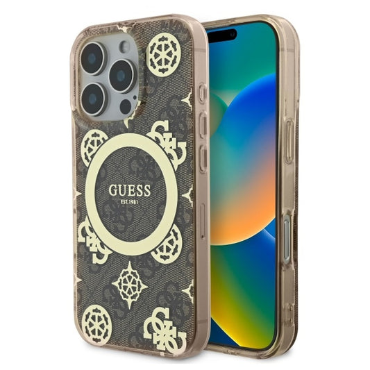 GUESS Handy Hülle IML Peony On 4G Background Magsafe Case für iPhone 16 Pro Max Braun