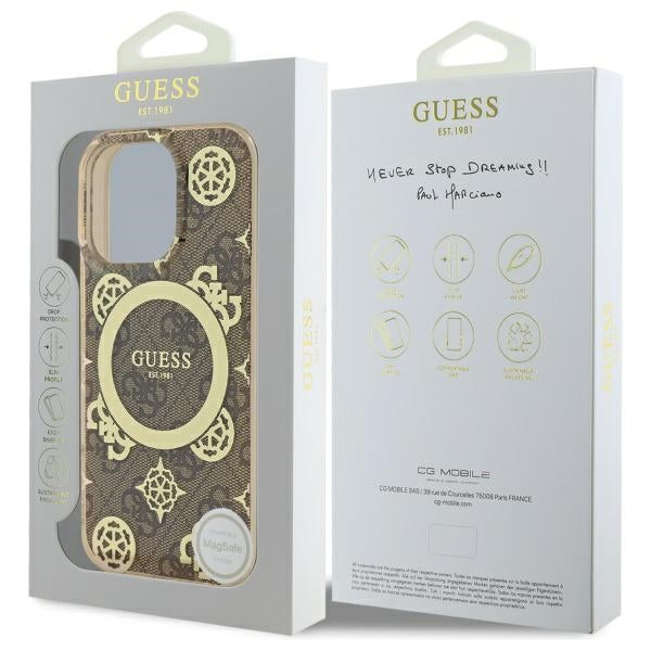 GUESS Handy Hülle IML Peony On 4G Background Magsafe Case für iPhone 16 Pro Max Braun