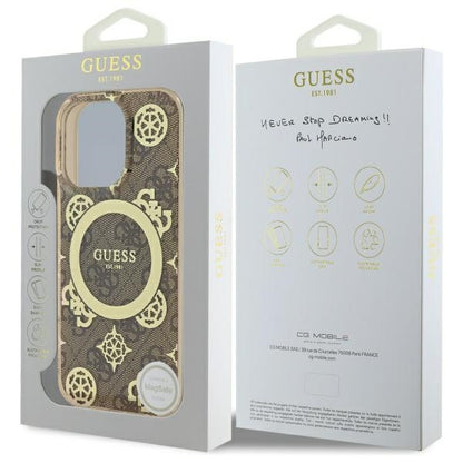 GUESS Handy Hülle IML Peony On 4G Background Magsafe Case für iPhone 16 Pro Max Braun