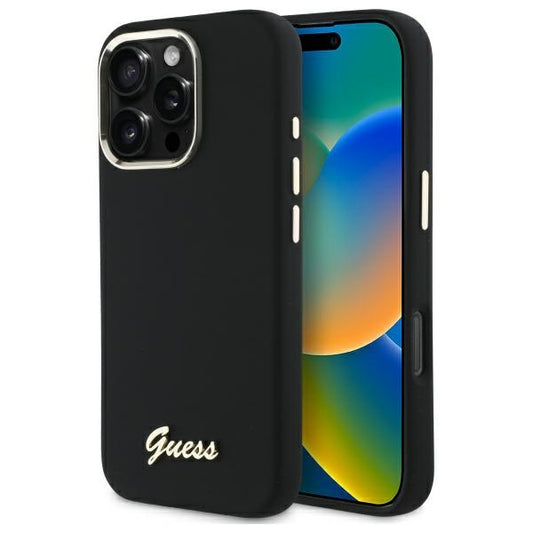 GUESS Handy Hülle Case Silicone Script Metal Logo & Frame für iPhone 16 Pro Schwarz