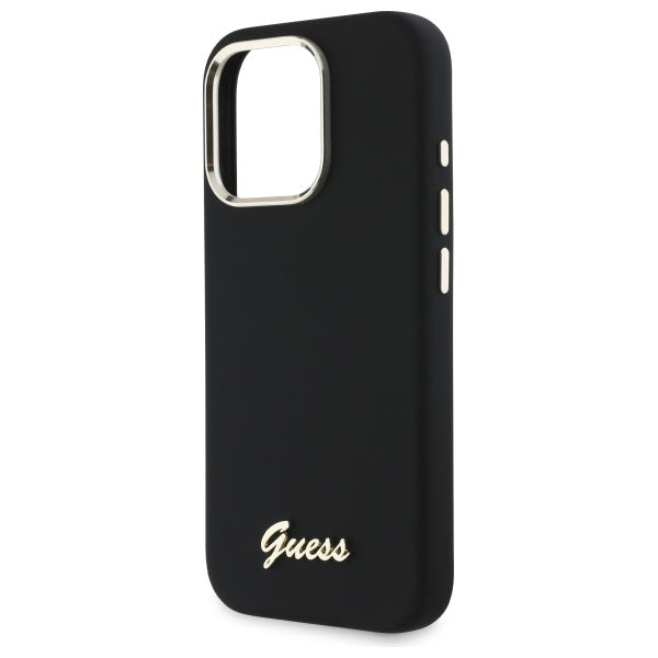 GUESS Handy Hülle Case Silicone Script Metal Logo & Frame für iPhone 16 Pro Schwarz