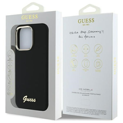 GUESS Handy Hülle Case Silicone Script Metal Logo & Frame für iPhone 16 Pro Max Schwarz