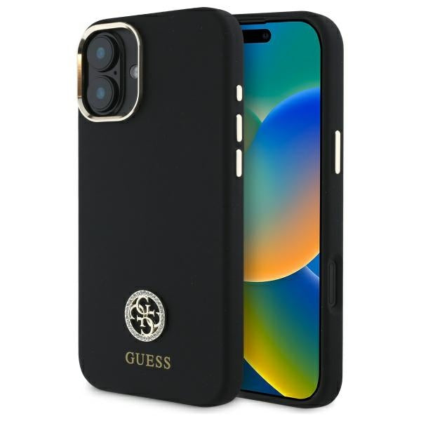 GUESS Handy Hülle Silikon 4G Strass Logo Case für iPhone 16 Schwarz