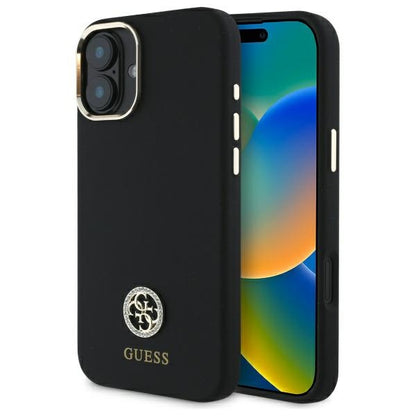 GUESS Handy Hülle Silikon 4G Strass Logo Case für iPhone 16 Schwarz