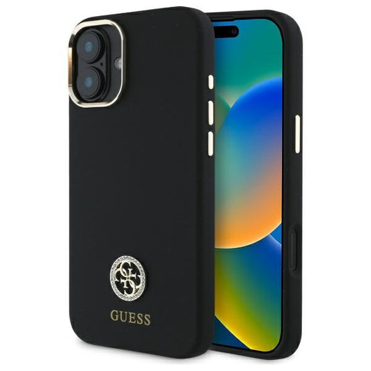 GUESS Handy Hülle Silikon 4G Strass Logo Case für iPhone 16 Schwarz