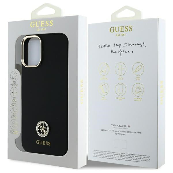 GUESS Handy Hülle Silikon 4G Strass Logo Case für iPhone 16 Schwarz