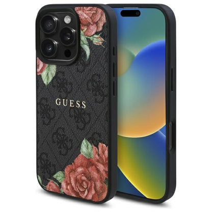 GUESS Handy Hülle 4G Flowers Print Magsafe Hard Case für iPhone 16 Pro Max Schwarz