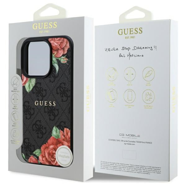 GUESS Handy Hülle 4G Flowers Print Magsafe Hard Case für iPhone 16 Pro Max Schwarz