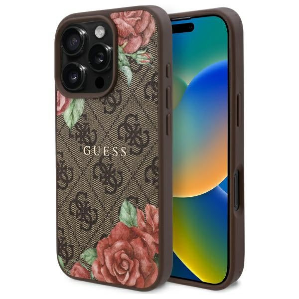GUESS Handy Hülle 4G Flowers Print Magsafe Hard Case für iPhone 16 Pro Max Braun