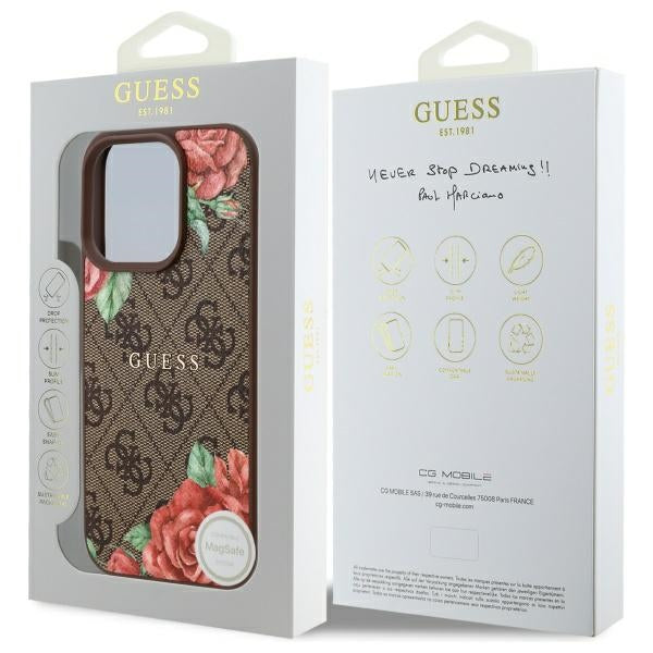 GUESS Handy Hülle 4G Flowers Print Magsafe Hard Case für iPhone 16 Pro Max Braun